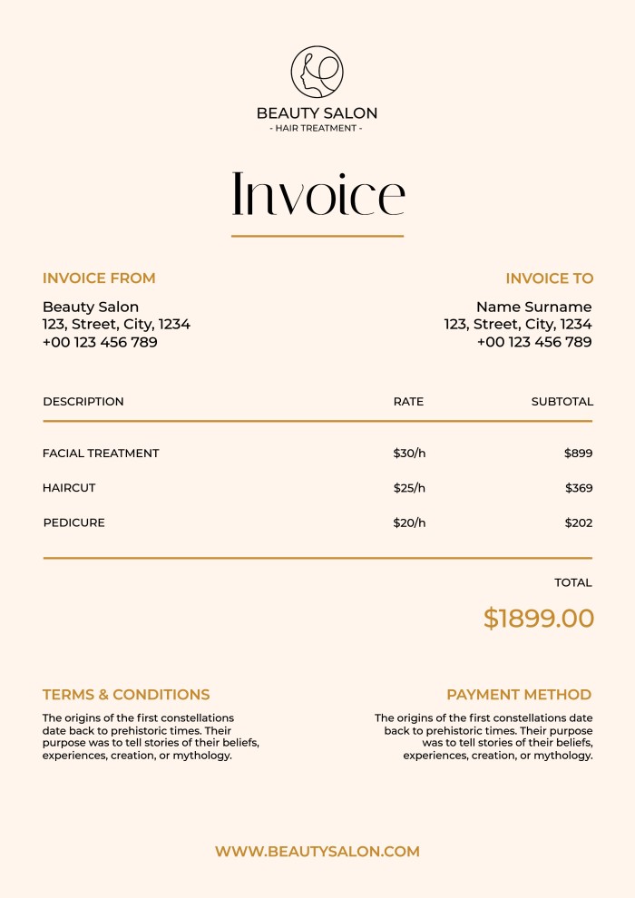 Free Elegant Minimalist Gold Beauty Salon Invoice Template