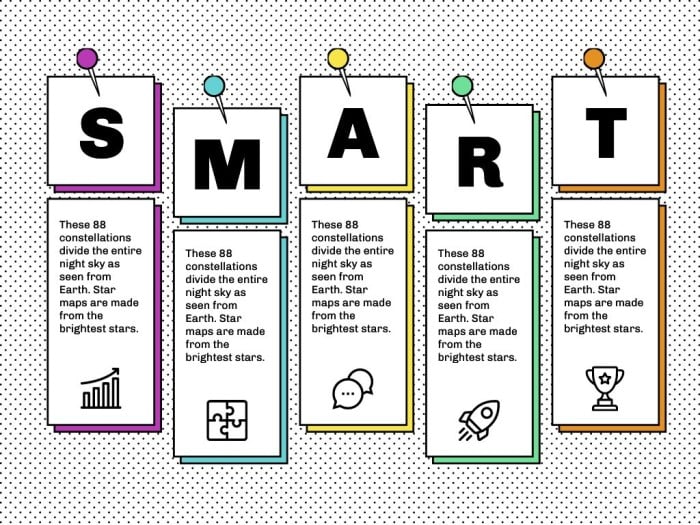 Infografía general con Post-its creativa sobre objetivos SMART template