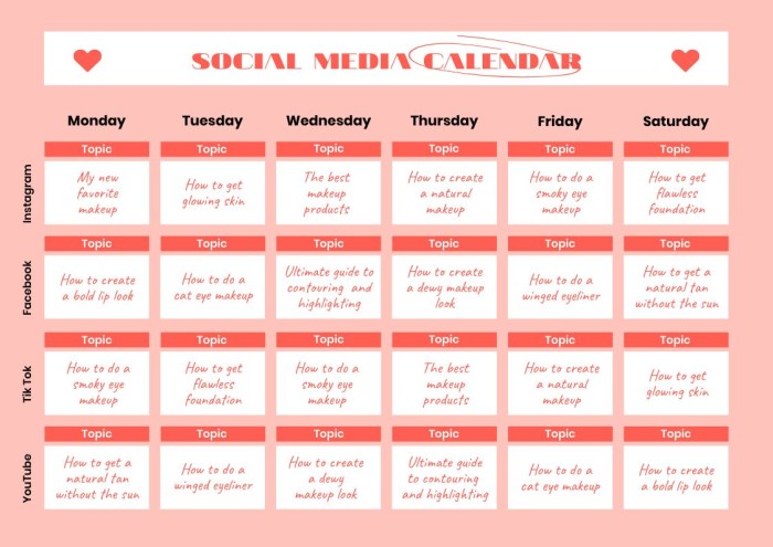Customize online this Modern Flat Sarah Beauty Influencer Social Media Calendar template