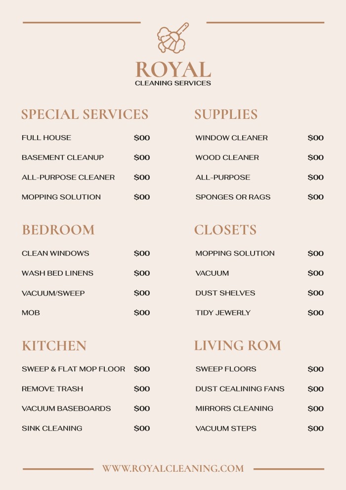 Elegant Royal Cleaning Services Price List template