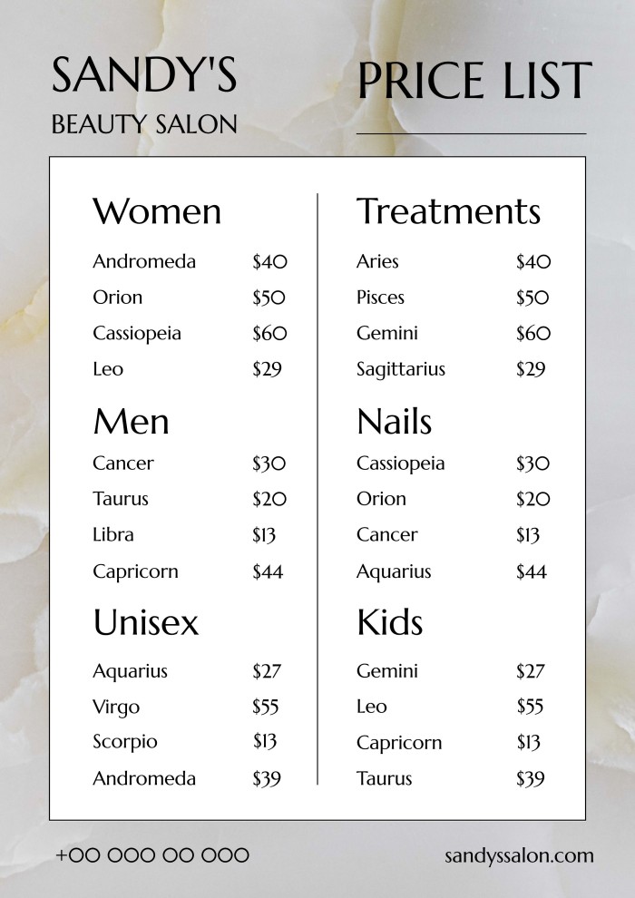 Modern Sandy's Beauty Salon Price List template