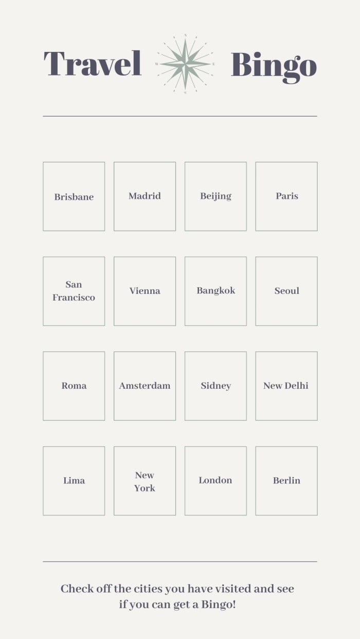 Elegant Travel Cities Bingo Instagram Story template