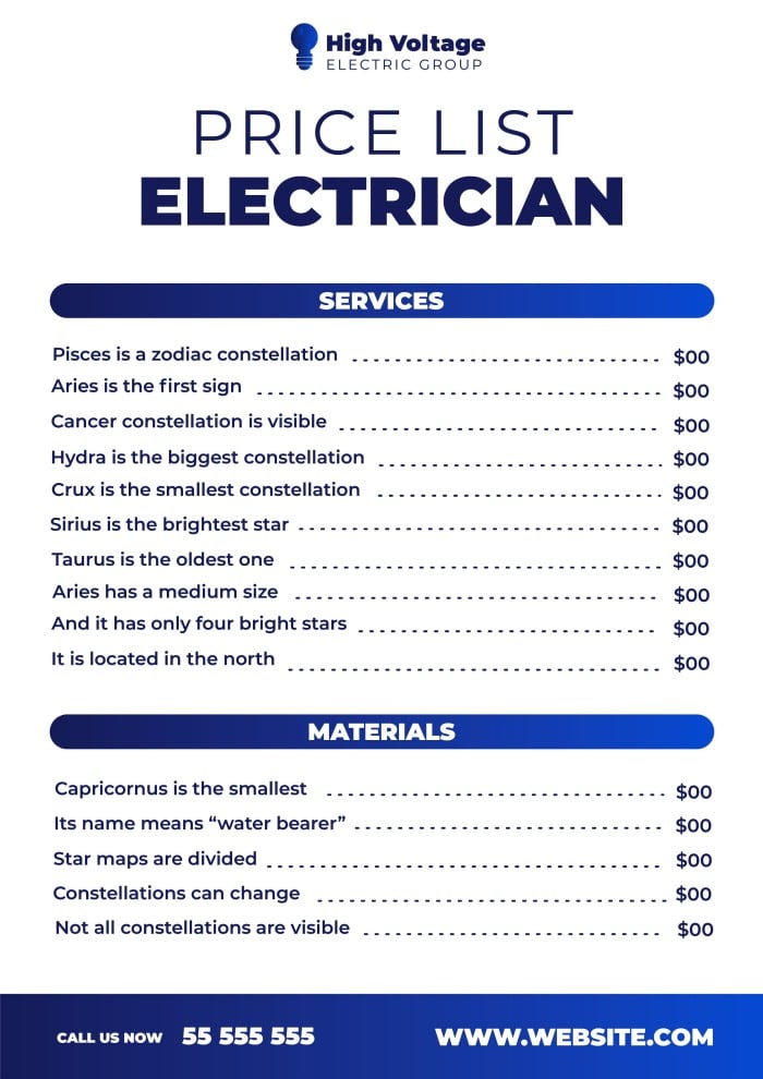 Lista de precios de grupo de electricistas de Alto Voltaje profesional con degradado template