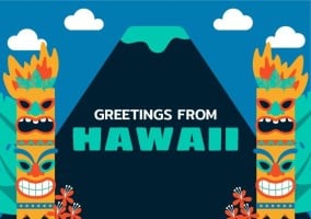Postal creativa de viajes al exótico Hawai Plantilla