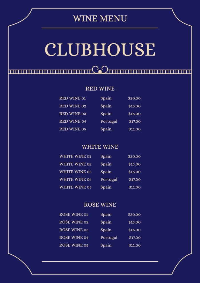 Carta de Vinos Clubhouse ornamental template