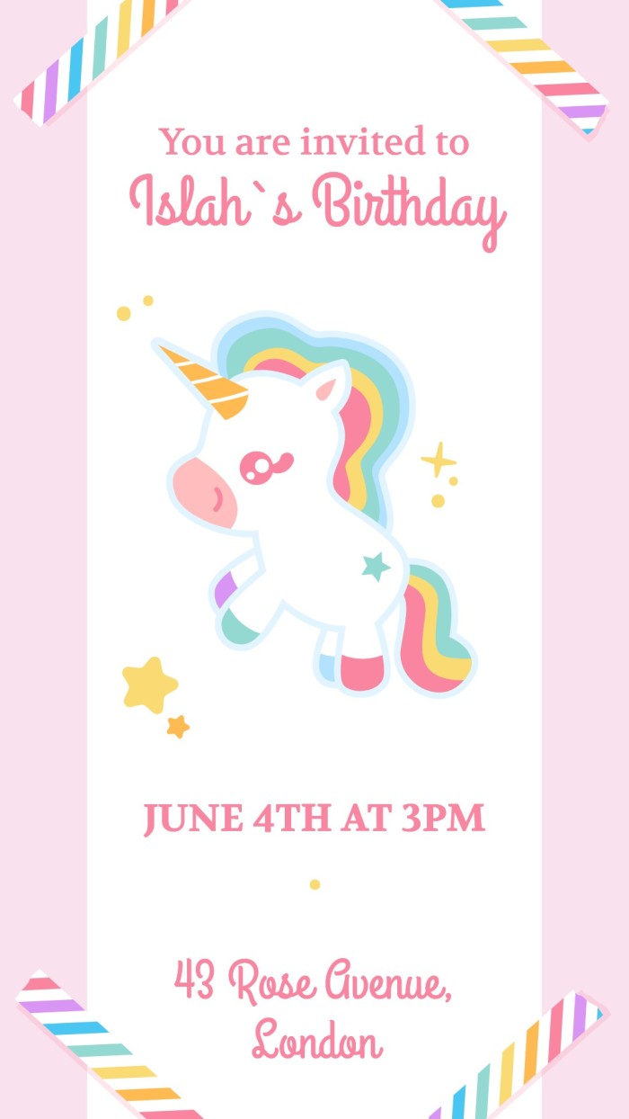 Cute Unicorn Islah's Birthday Instagram Story template